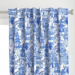 Blue Chinoiserie Curtain Panel - Leopard Pagoda Blue by danika_herrick - Maximalist Leopard Blue White Custom Curtain Panel by Spoonflower