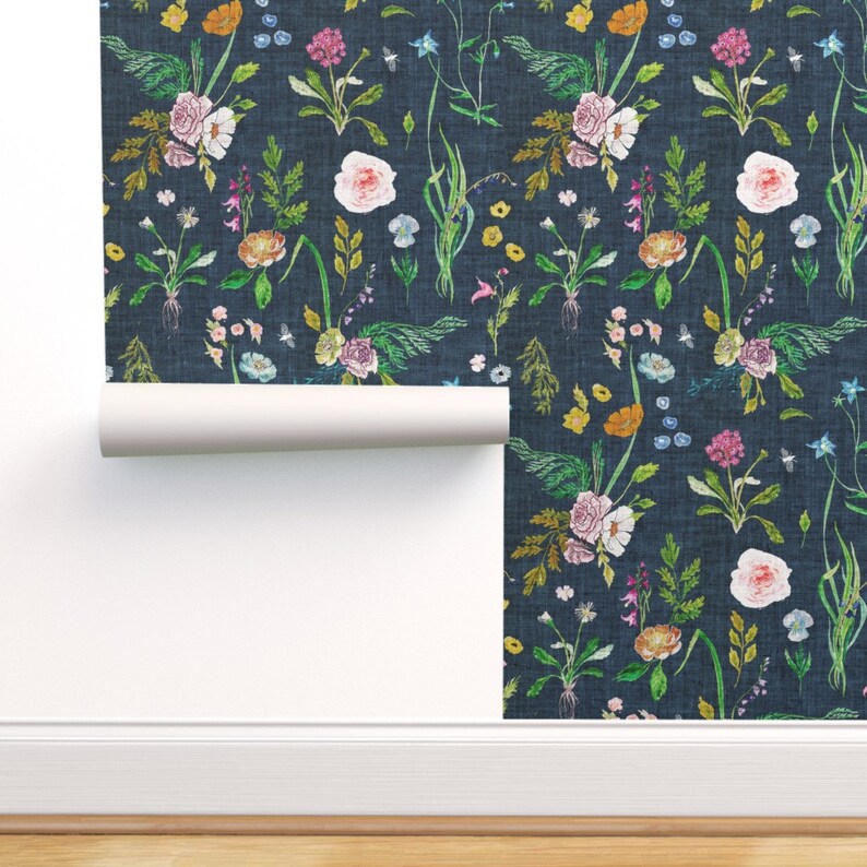 Floral Wallpaper Jane Navy by nouveau_bohemian Summer Etsy