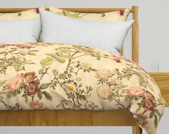 Vintage Botanical Bedding - Watercolor Rose  by peacoquettedesigns - Chintz Floral Cotton Sateen Duvet Cover OR Pillow Shams by Spoonflower