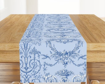 Blue And White Table Runner - French Toile Blueberry by lilyoake - Toile Blueberry Rococo Scrolls Cotton Sateen Table Runner by Spoonflower