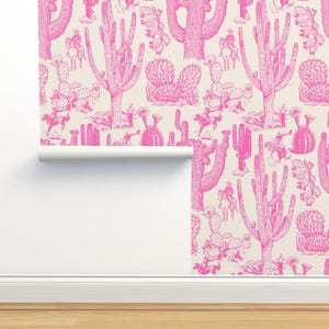 Carta da parati non incollata Pink Cactus Toile - Western Cactoile di yesterdaycollection - Carta da parati Western Kitsch Toile Double Roll di Spoonflower
