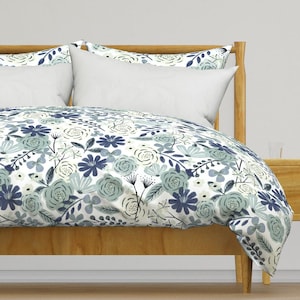 Blue Boho Floral Bedding - Flower Child Boho by roochita - Sage Green Floral Wilderness Navy Blue Cotton Sateen Duvet Cover OR Pillow Shams
