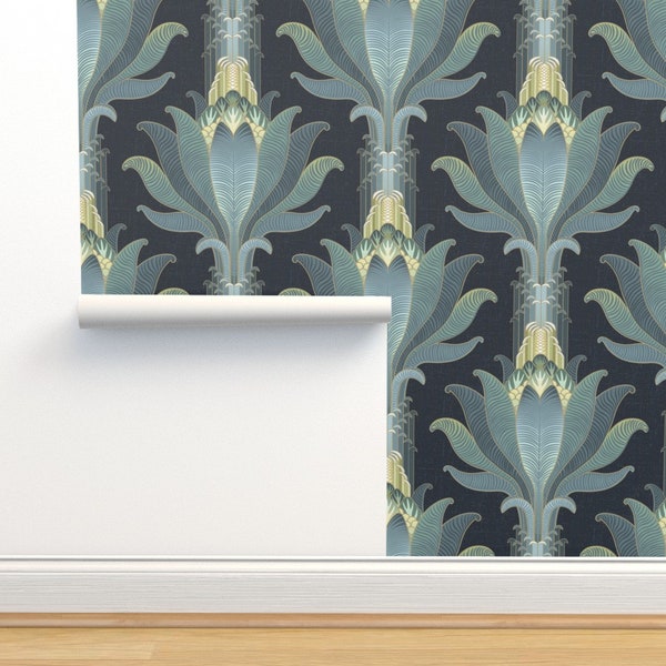 Modern Art Deco Commercial Grade Wallpaper - King Sago Palm by gartmanstudio -  Palm Trees Deep Navy  Wallpaper Double Roll by Spoonflower