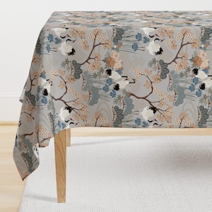 Japanese Garden Tablecloth - Japanese Garden Gray by juditgueth - Japanese Cranes Sakura Blossoms Cotton Sateen Tablecloth by Spoonflower