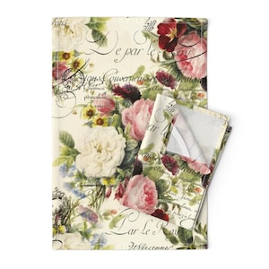 Vintage Roses Tea Towels (Set of 2) - Rosey Document by peagreengirl - Shabby Chic Victorian Romantic Linen Cotton Tea Towels by Spoonflower