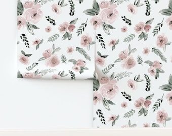 Blush Rose Non-Pasted Wallpaper Rustic Floral Pale Pink Sage Green Gray White Pink - Blush Floral by northeighty Wallpaper by Spoonflower