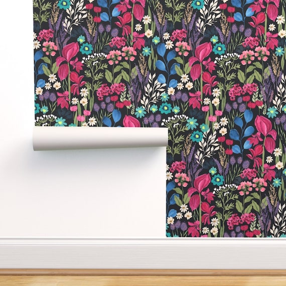 English Floral Wallpaper English Cottage Garden Dark by Etsy