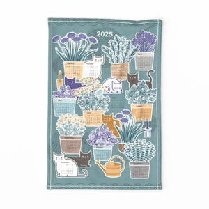 Theedoek kalender 2025 - Katten en kruiden 2025 by patricia_lima - Theedoek lavendelblauw groen linnen katoenen canvas theedoek by Spoonflower