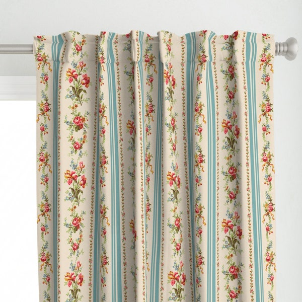 Vintage Stripe Curtain Panel - Floral Stripe  by peacoquettedesigns - Pink Flowers Antique Floral Custom Curtain Panel by Spoonflower