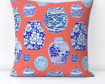 Maximalist Throw Pillow - Chinoiserie Jars In Peach by yesterdaycollection - Chinoiserie   Decorative Square Throw Pillow by Spoonflower