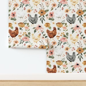Farmhouse Non-Pasted Wallpaper - Watercolor Chicken Floral by cateandrainn - Painted Hens Chickens Wallpaper Double Roll by Spoonflower