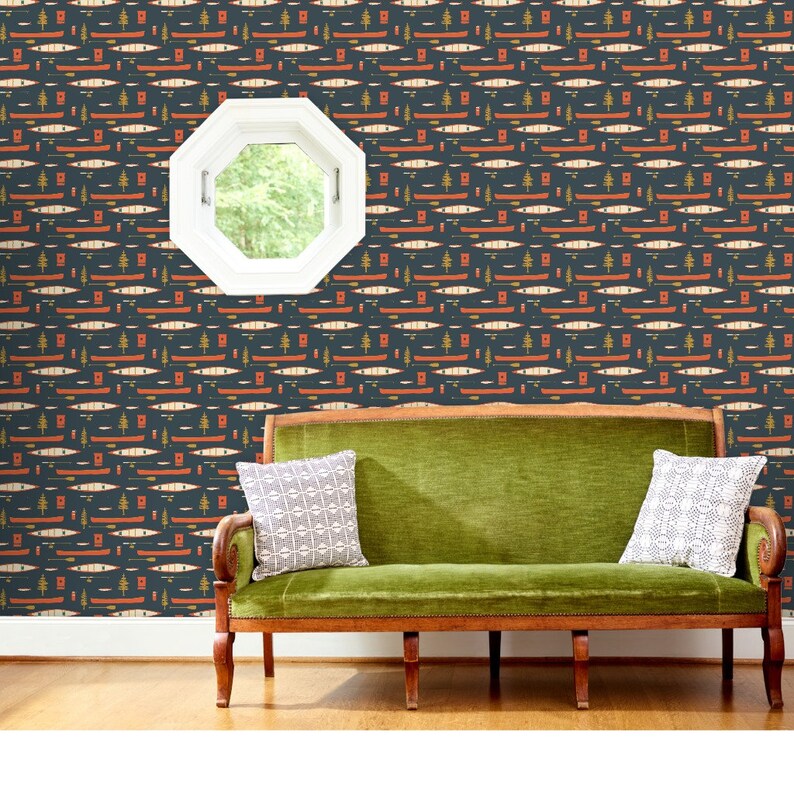 Rustiek vliesbehang Lake Life Camping Woodland Nature - Lake Canoes And Oars van coitcreative Wallpaper Double Roll van Spoonflower afbeelding 9