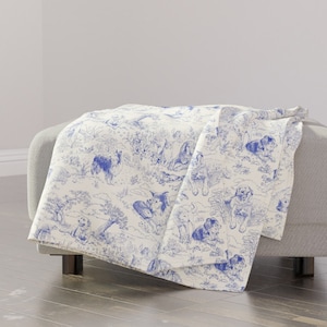 Blue Toile Throw Blanket - Country Style Hand Drawn Landscape Traditional Collie Toil Ecru Throw Blanket - Country Dogs Toile by vinpauld