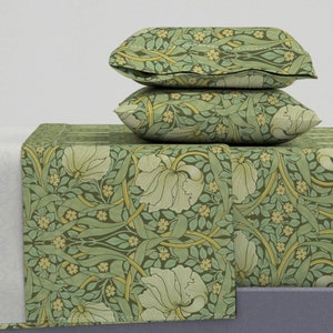 Green Vines Sheets - Pimpernel Garden by peacoquettedesigns - Flower Damask Victorian Floral Cotton Sateen Sheet Set Bedding by Spoonflower