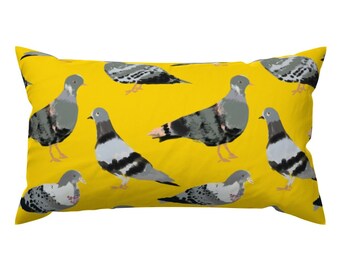 Pigeon Accent Pillow - Elegant Pigeons by alison_janssen - Bird Feathers Painting Yellow Cute Rectangle Lumbar Throw Pillow by Spoonflower