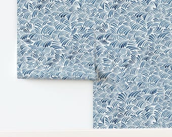 Abstract Waves Non-Pasted Wallpaper Coastal Nautical Ocean Blue White Small Scale - Indigo Waves by cat_hayward Wallpaper by Spoonflower
