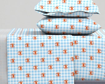 Gingham Crabs Sheets - Watercolor Crabs On Light Blue Gingham by corasofia - Sea Beach Blue Cotton Sateen Sheet Set Bedding by Spoonflower