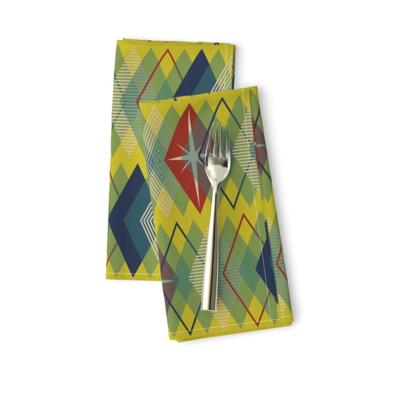 Set of 2 - Old Diamonds Atomic Lemon by siya Mid Century Dinner Napkins Yellow Geometric Retro Diamonds Cloth Napkins by Spoonflower