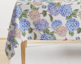 Blue Hydrangea Tablecloth - Hydrangea by depiano - Spring Summer Watercolor Botanical Hydrangea Cotton Sateen Tablecloth by Spoonflower