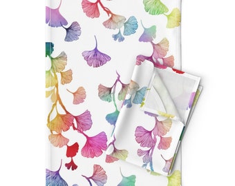 Watercolor Ginkgo Tea Towels (Set of 2) - Ginkgo Leaves Rainbow by adenaj - Colorful Ginkgo Biloba Linen Cotton Tea Towels by Spoonflower