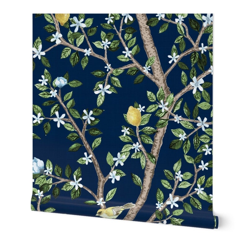 Navy Chinoiserie Wallpaper Navy Eloise With Lemons by - Etsy