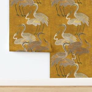 Maximalism Non-Pasted Wallpaper - Golden Hour Cranes by shellyreneedesigns - Art Deco Birds Boho Crane Wallpaper Double Roll by Spoonflower