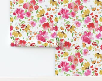 Watercolor Floral Non-Pasted Wallpaper Red Green Pink Jumbo Large - Smells Like Spring by ninola-design Wallpaper by Spoonflower