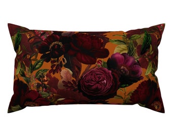 Moody Rust Rose Lumbar Pillow - Romantic Chintz Maximalism Bold Floral Rectangle Accent Throw Pillow - Maximalist Burgundy Floral by utart