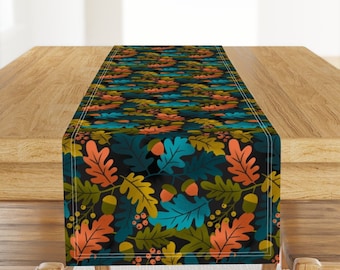 Oak Leaves Table Runner - Autumn Oak  by laura_may_designs - Autumn Berry Acorn Oak Leaf Blue  Cotton Sateen Table Runner by Spoonflower