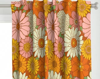 Panneau de rideau floral rétro des années 1970 - panneau de rideau personnalisé nostalgie style vintage nostalgie rose orange jaune - floral bohème des années 70 par mariarein -