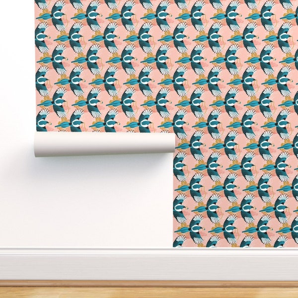 Blue Magpies Commercial Grade Wallpaper - Magpie Pirate by heidi-abeline - Peachy Coral Pirate Treasure Wallpaper Double Roll by Spoonflower