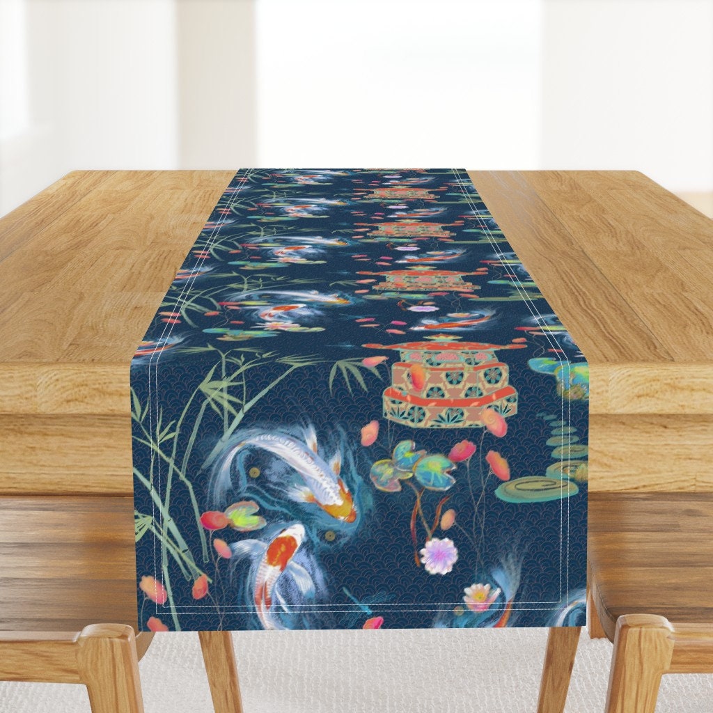 Chemin De Table Poisson Koi - Chinoiseries Pagode Japonaise Jardin Aquatique En Satin Coton Jardin Japonais Par Designed_By_Debby