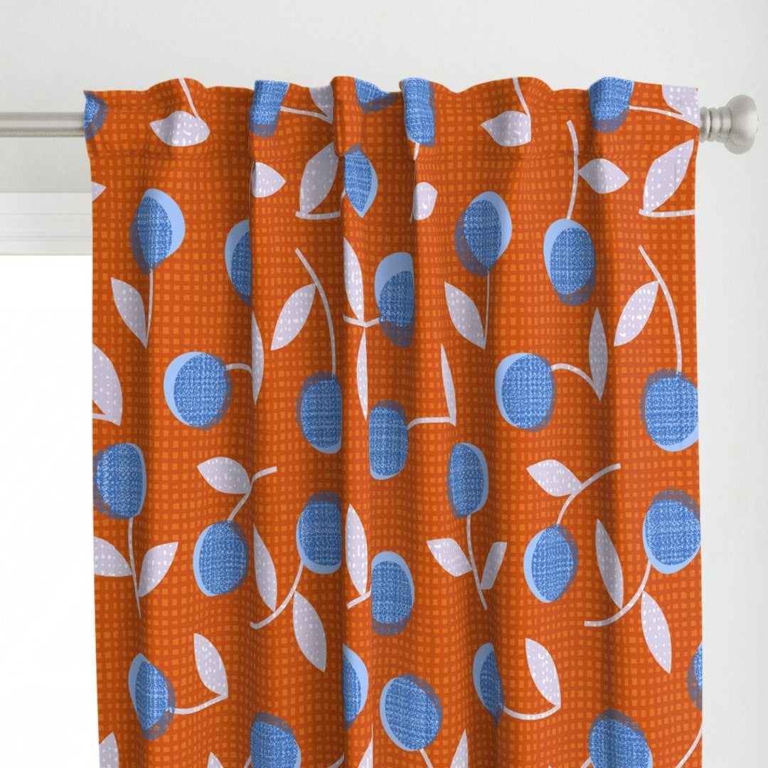 Midcentury Mod Curtain Panel Modern Dotty Flowers by Ottomanbrim Blue