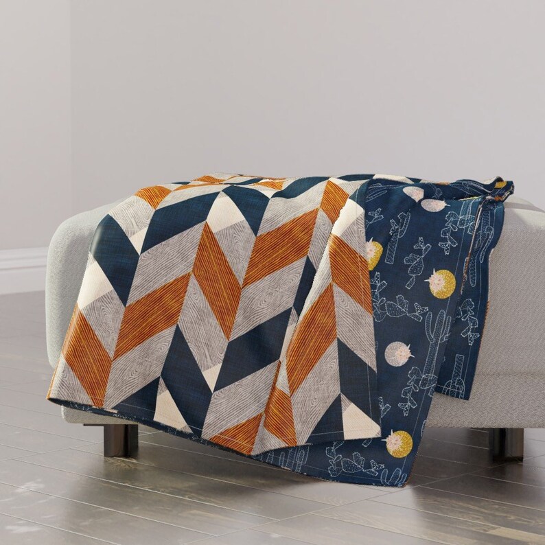 Parquetry and Indigo Cactus by nouveau/_bohemian Cozy Throw Blanket Southwestern Bohemian Blanket Home Decor with Spoonflower Fabric