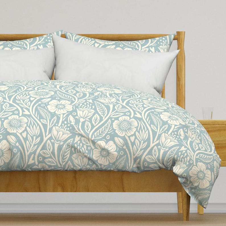 Blue Wildflowers Bedding - French Country Cottage by thatpolymath_shellym - Cream Floral Pastel Cotton Sateen Duvet Cover OR Pillow Shams image 1