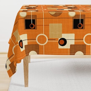 Mid Century Modern Tablecloth - Orbs And Squares by chicca_besso - Vintage Inspired Orange Black Cotton Sateen Tablecloth by Spoonflower