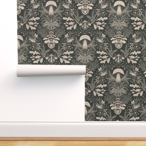 Neutral Woodland Wallpaper Mushroom Forest Damask by Etsy