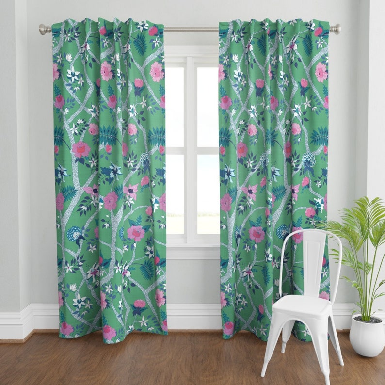 Ink Curtain Panel Green Blue Flowers Floral Branch Custom Curtain Panel by Spoonflower Deluxe Green Peony Branch by danika/_herrick