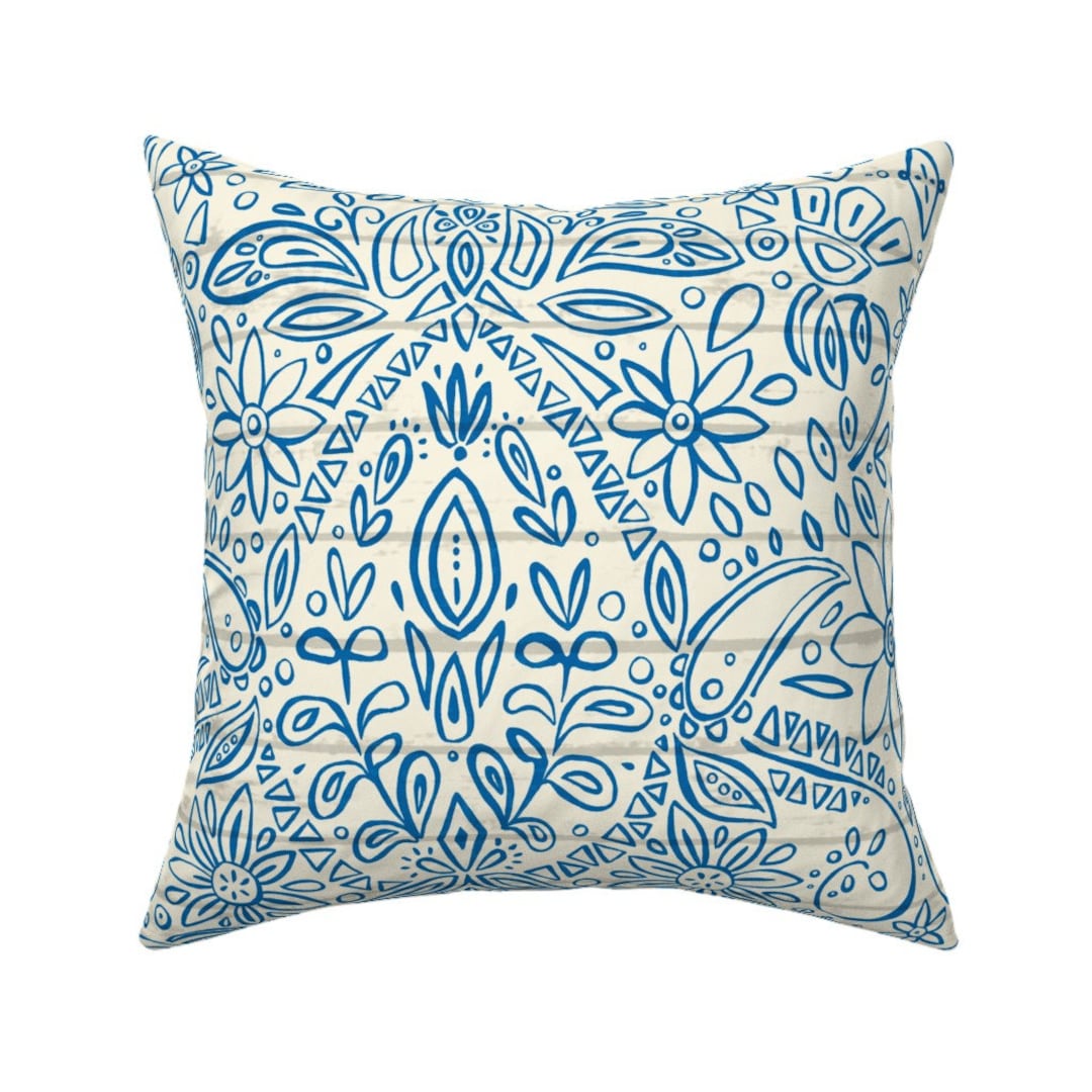 Bohemian Throw Pillow Aziza Mono Blue by Scrummy Floral Etsy