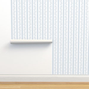 Cottage Stripe Non-Pasted Wallpaper - Libby Stripe Soft Blue by danika_herrick - Blue Preppy Blue White Wallpaper Double Roll by Spoonflower