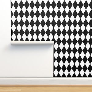 Harlekin Vlies Tapete - Harlekin Diamanten von peacoquettedesigns - Diamant Schwarz Weiß Karierte Tapete Doppelrolle von Spoonflower