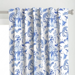 Chinoiserie Curtain Panel - Watercolor Chinoiserie  by pattern_garden - Watercolor Royal Blue White  Custom Curtain Panel by Spoonflower
