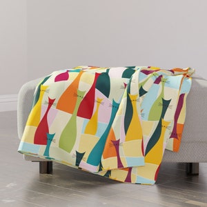 Mid Century Modern Throw Blanket - Ollie Cat by luciafontes - Colorful Cats Retro Mod Style Bohemian Throw Blanket with Spoonflower Fabric