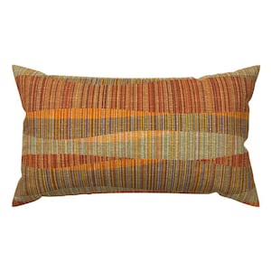 May include: A rectangular throw pillow with a woven pattern in shades of orange, brown, yellow, and blue.