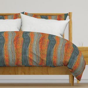 Modern Stripe Bedding - Blue Orange Landscape by wren_leyland - Desert Burnt Orange Cotton Sateen Duvet Cover OR Pillow Shams by Spoonflower