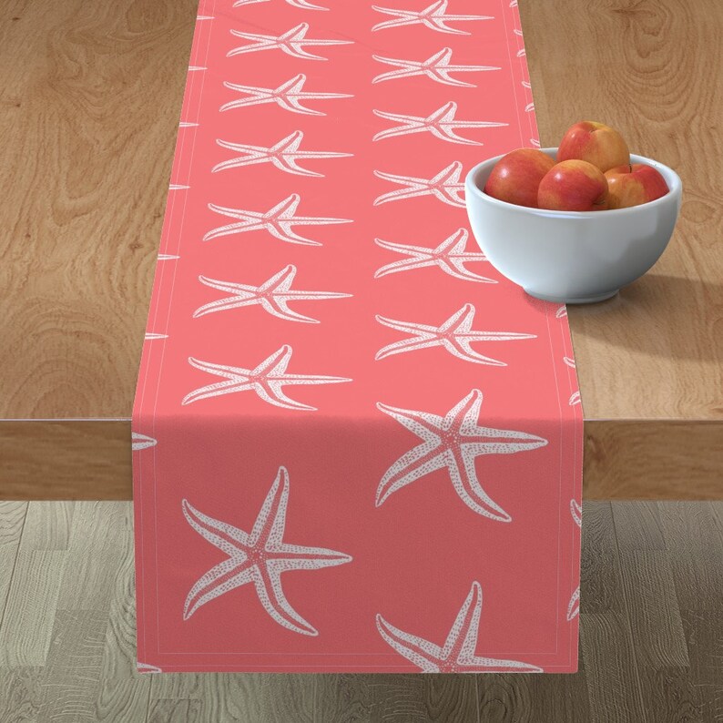 Beach Vacation Table Runner I Wish Upon A Starfish Coral by lisakling Modern Nautical Cotton Sateen Table Runner by Spoonflower