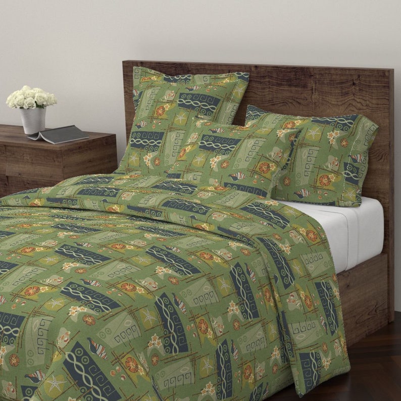 Mid Century Pillow Sham Aloha 1960/'s Green by thecalvarium Tiki Hawaii Tropical Island Cotton Sateen Pillow Sham Bedding by Spoonflower