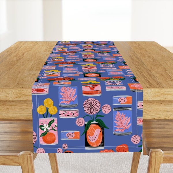 Canned Goods Table Runner - Canning With Flowers  by tarareed - Kitsch Cans Kitchen Flowers Food Cotton Sateen Table Runner by Spoonflower