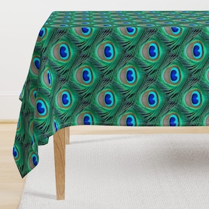 Peacock Tablecloth - Feathers Teal Emerald Green by bohobear - Feather Green Emerald Animal Teal Cotton Sateen Tablecloth by Spoonflower