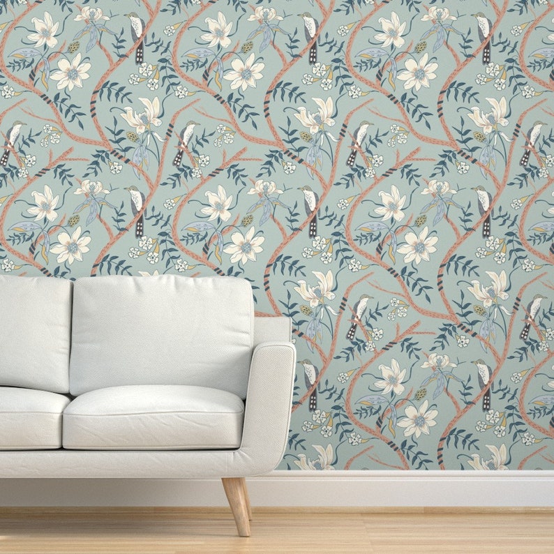 Jungle Chinoiserie Wallpaper Yellow Billed Cuckoo by Etsy